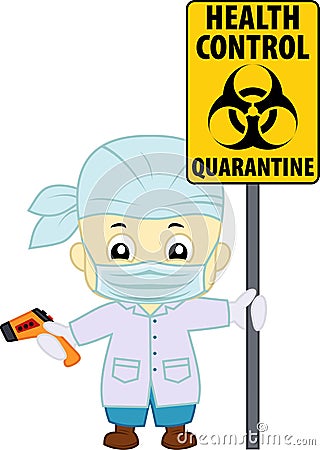 Vector cute doctor with non-contact thermometr and biohazard sign Vector Illustration
